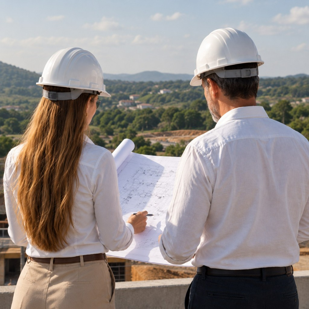 Equipe técnica em obra analisando projeto